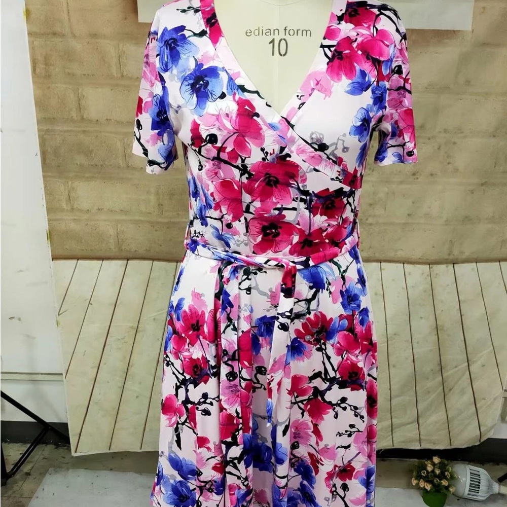 Floral Wrap Dress - Pink and Blue Regular & Plus
